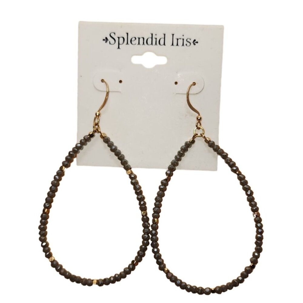 New Splendid Iris Beaded Teardrop Dangle Earrings Sparkle Gold Tone Grey Fashion